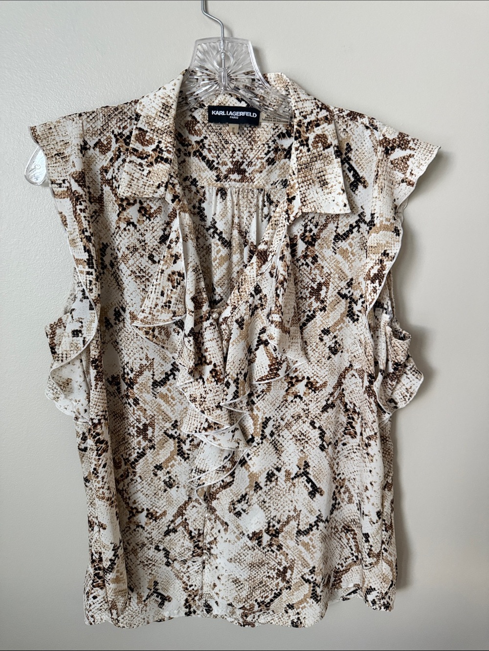 Karl Lagerfeld Beige Brown Snake Print Ruffle Sleeveless Blouse